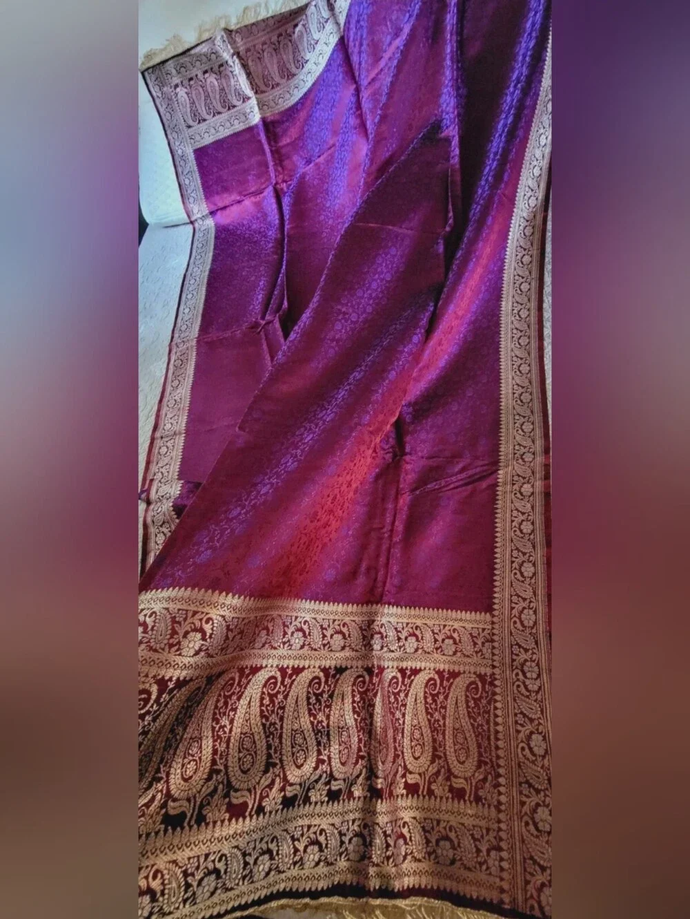 New J.Peterman shawl wrap purple mauve gold-tone shimmer rayon fringes $250